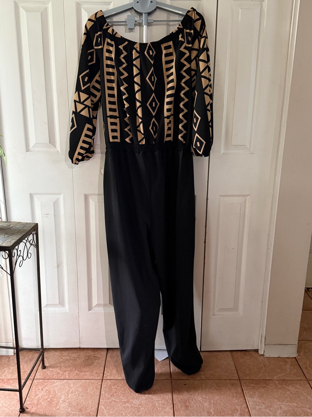 Ashley Stewart Black and Beige Geometric Off-Shoulder Jumpsuit